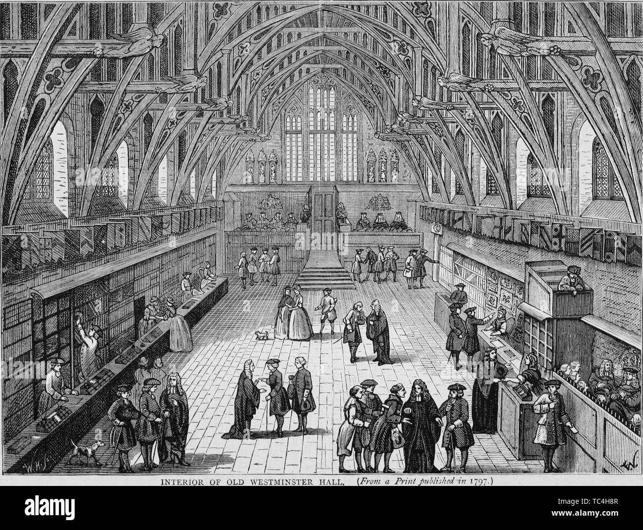 Engraving of the Westminster Hall interior, London, England, from the book 'Old and new London: a narrative of its history, its people, and its places' by Thornbury Walter, 1873. Courtesy Internet Archive. () Stock Photo