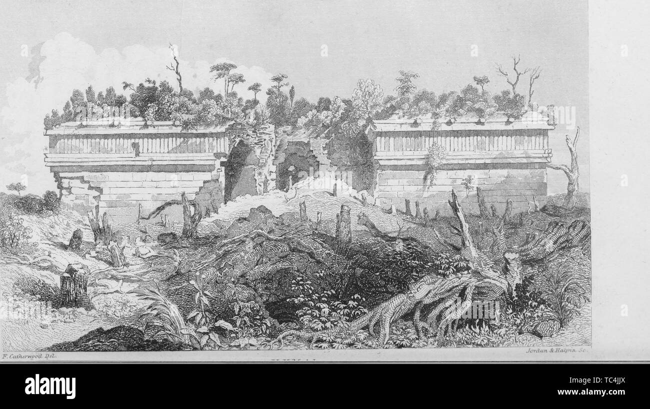 Engraving of the House of Turtles in Uxmal, Mexico, from the book 'Incidents of travel in Central America, Chiapas, and Yucatan' by John L. Stephens, 1858. Courtesy Internet Archive. () Stock Photo