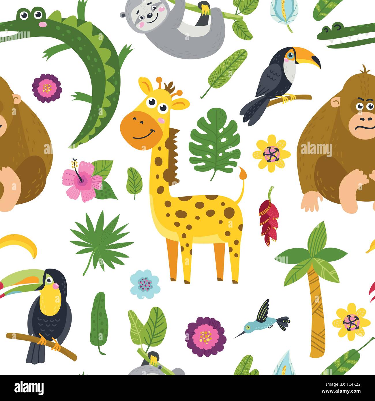 Seamless pattern with cute animals from the jungle. Illustration for ...