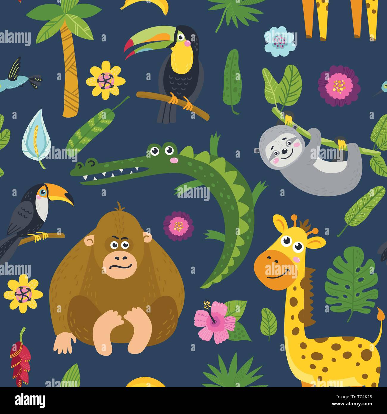 Seamless pattern with cute animals from the jungle. Illustration for ...