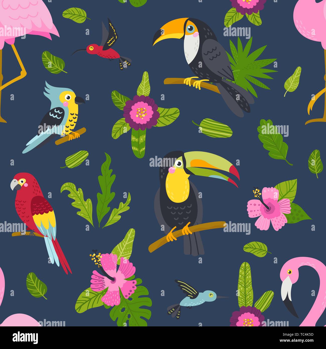 Seamless pattern with cute birds and plants Stock Vector
