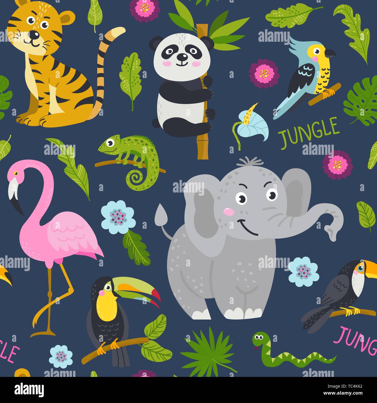 Seamless pattern with cute animals from the jungle. Stock Vector