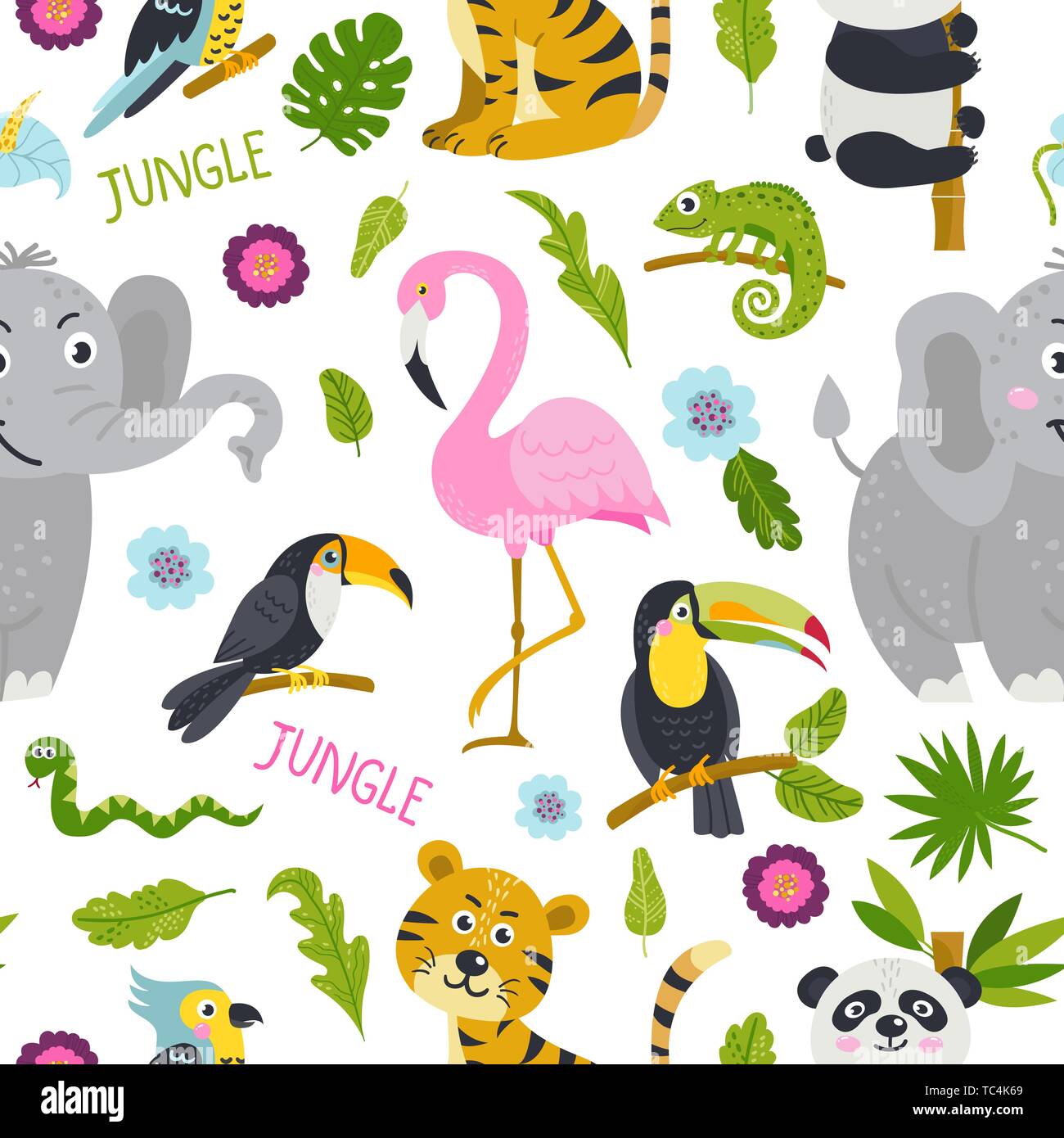 Seamless pattern with cute animals from the jungle. Stock Vector