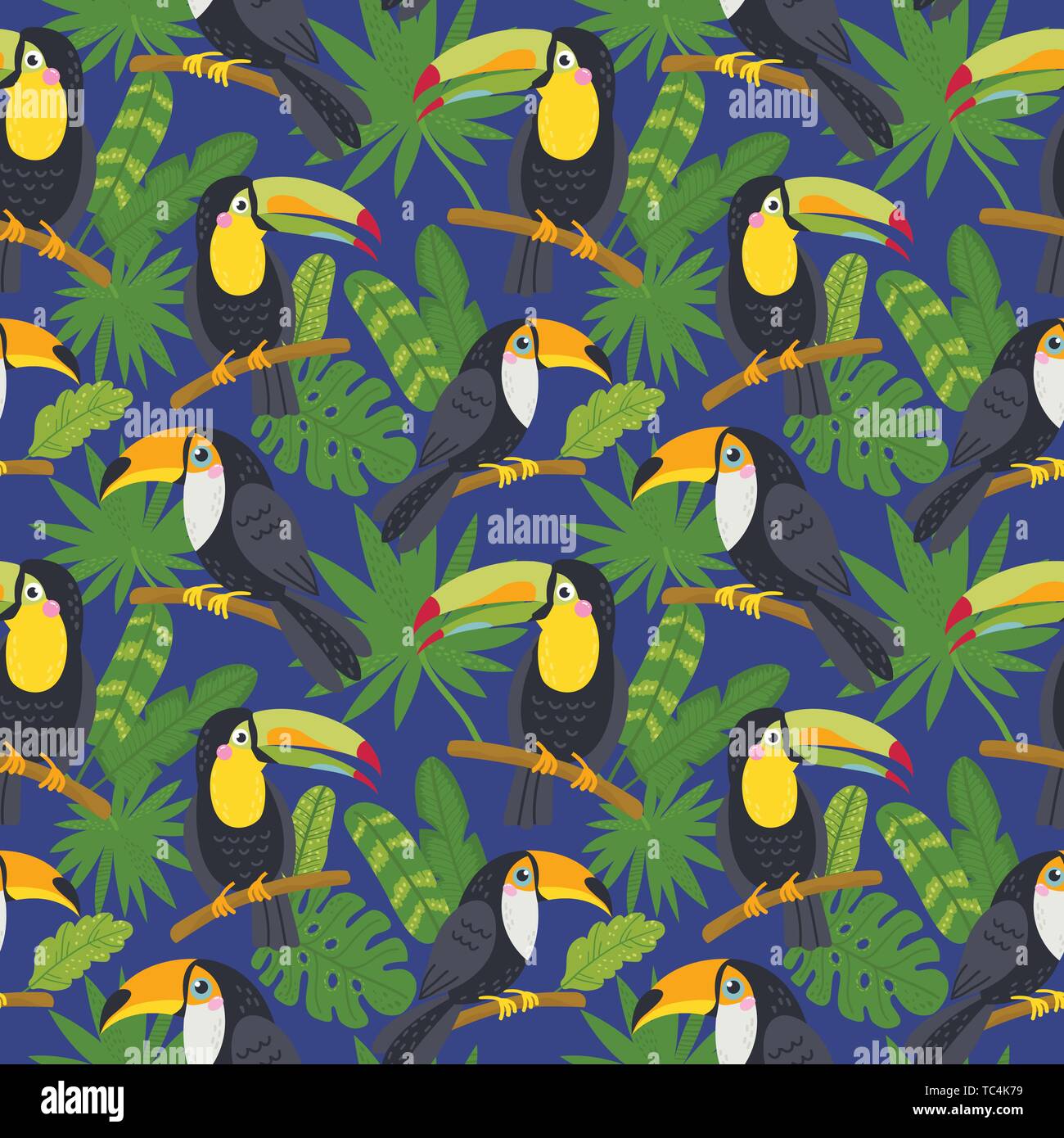 Seamless pattern with cute toucans from the jungle Stock Vector