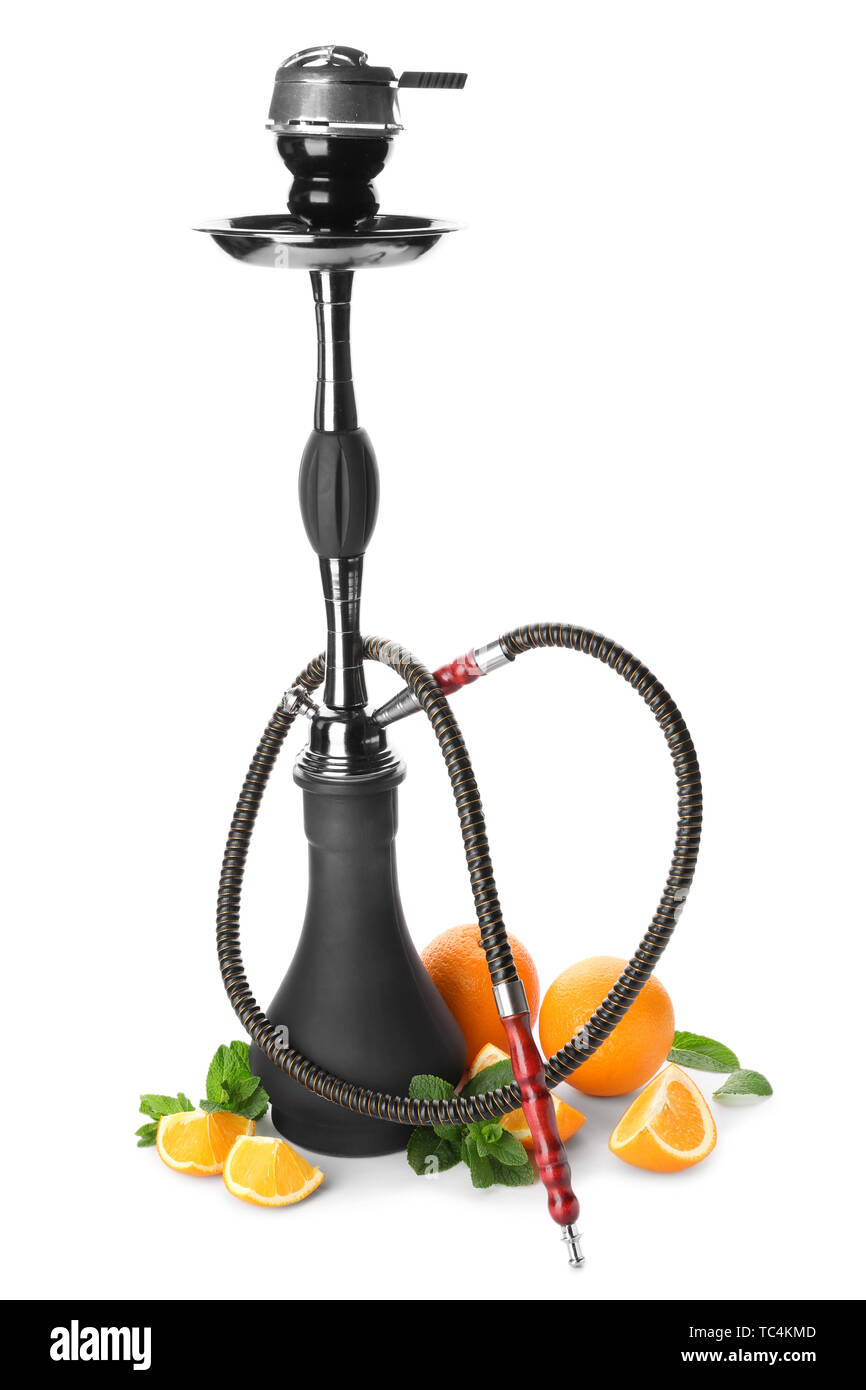 Hookah with orange fruit on white background Stock Photo - Alamy