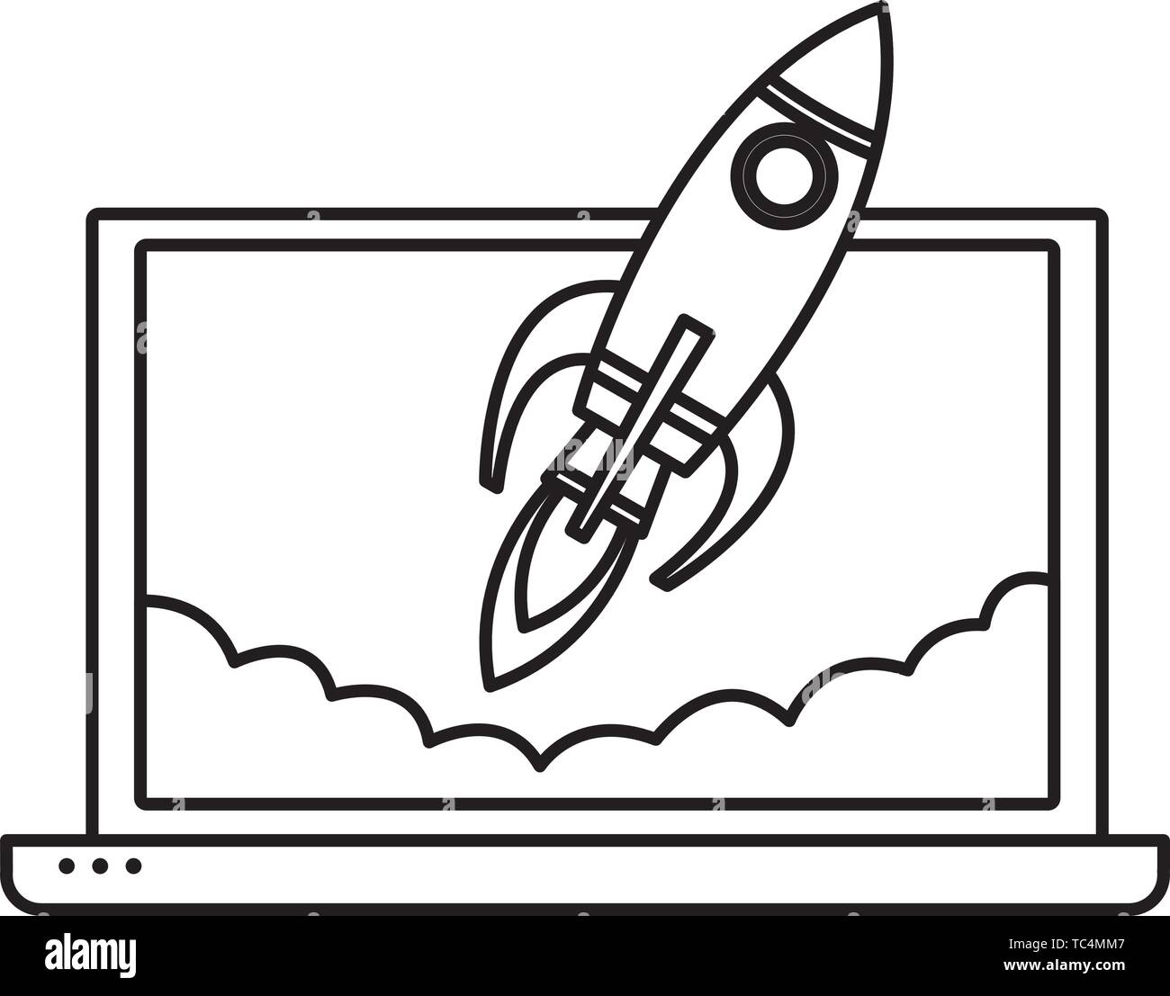 laptop with a rocket icon cartoon black and white Stock Vector Image ...