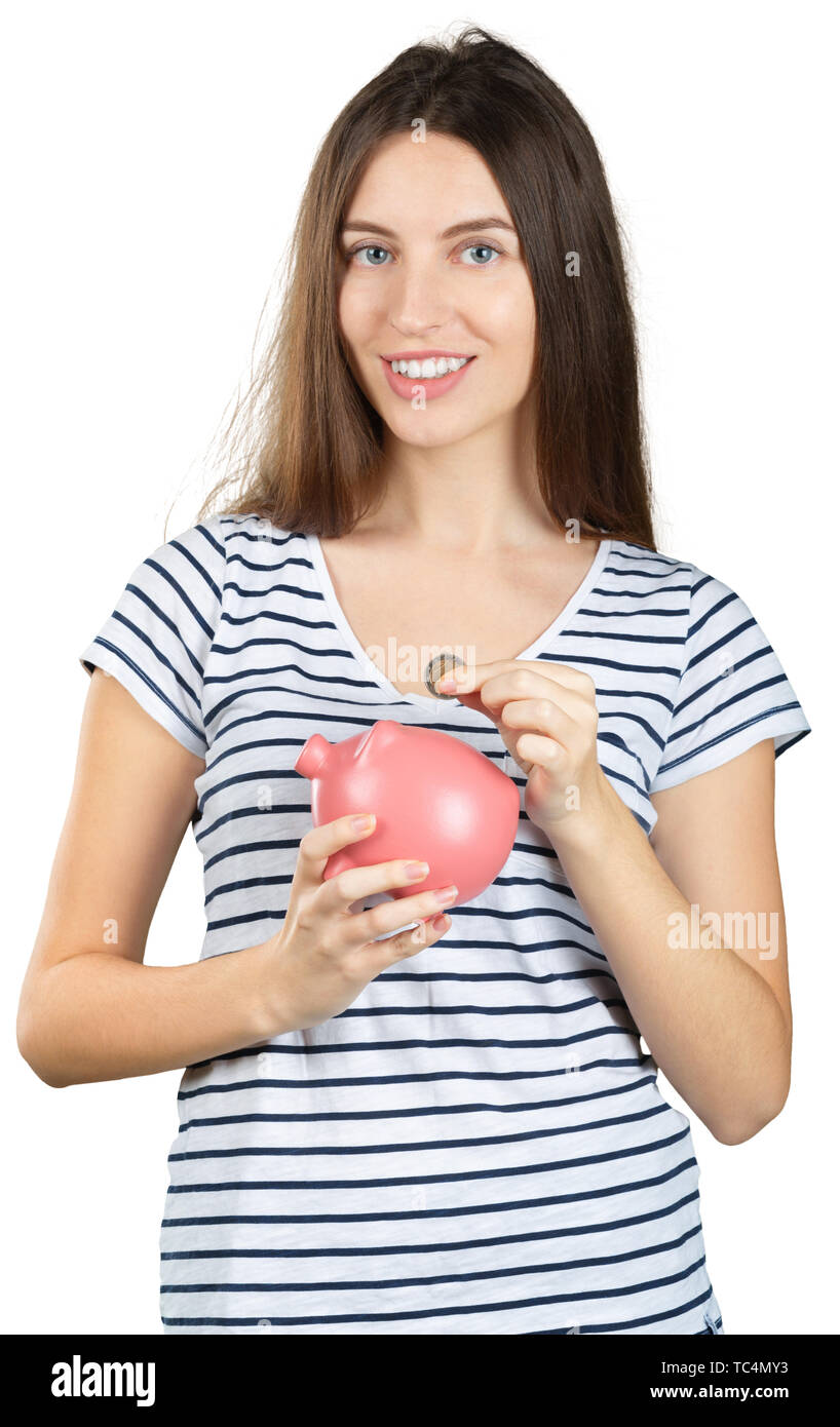 Woman with a piggy bank. Isolated over white background Stock Photo - Alamy