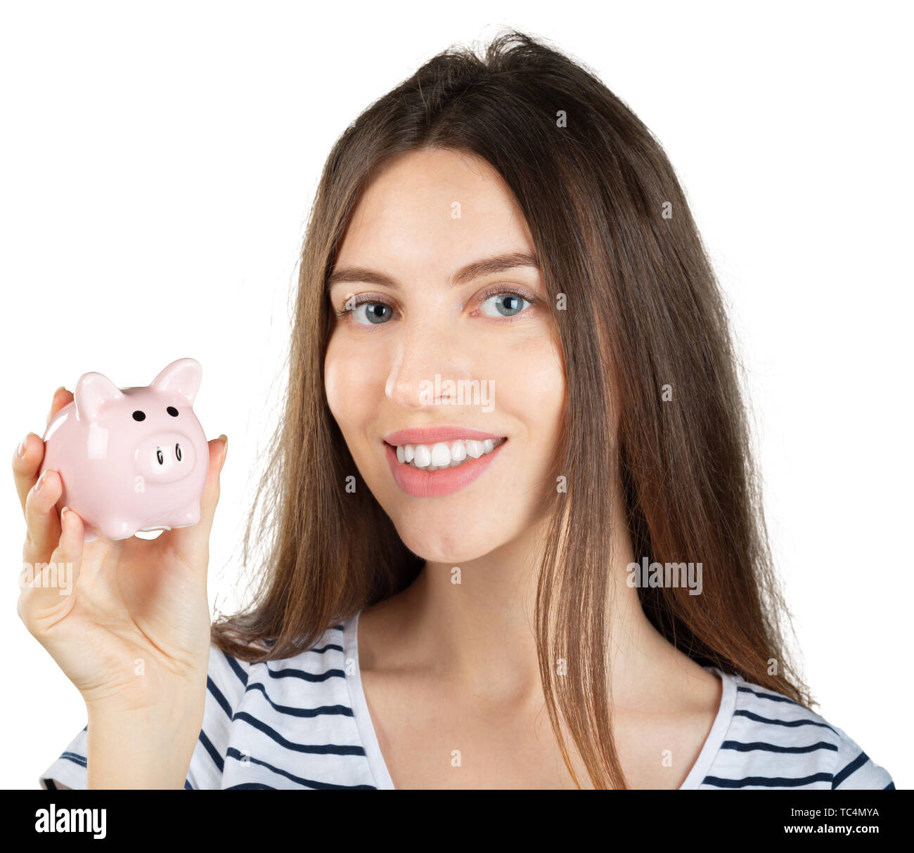 Woman with a piggy bank. Isolated over white background Stock Photo - Alamy