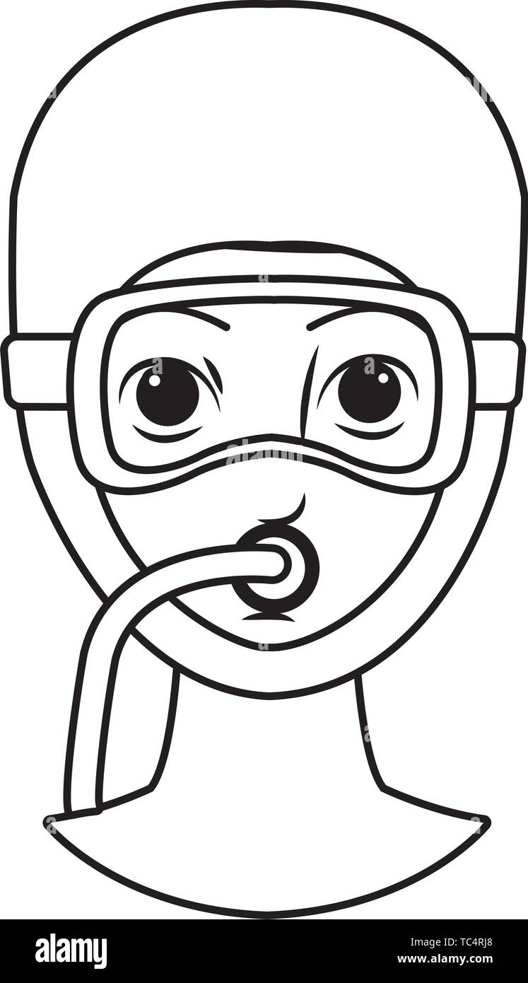 snorkel diving avatar cartoon character black and white Stock Vector