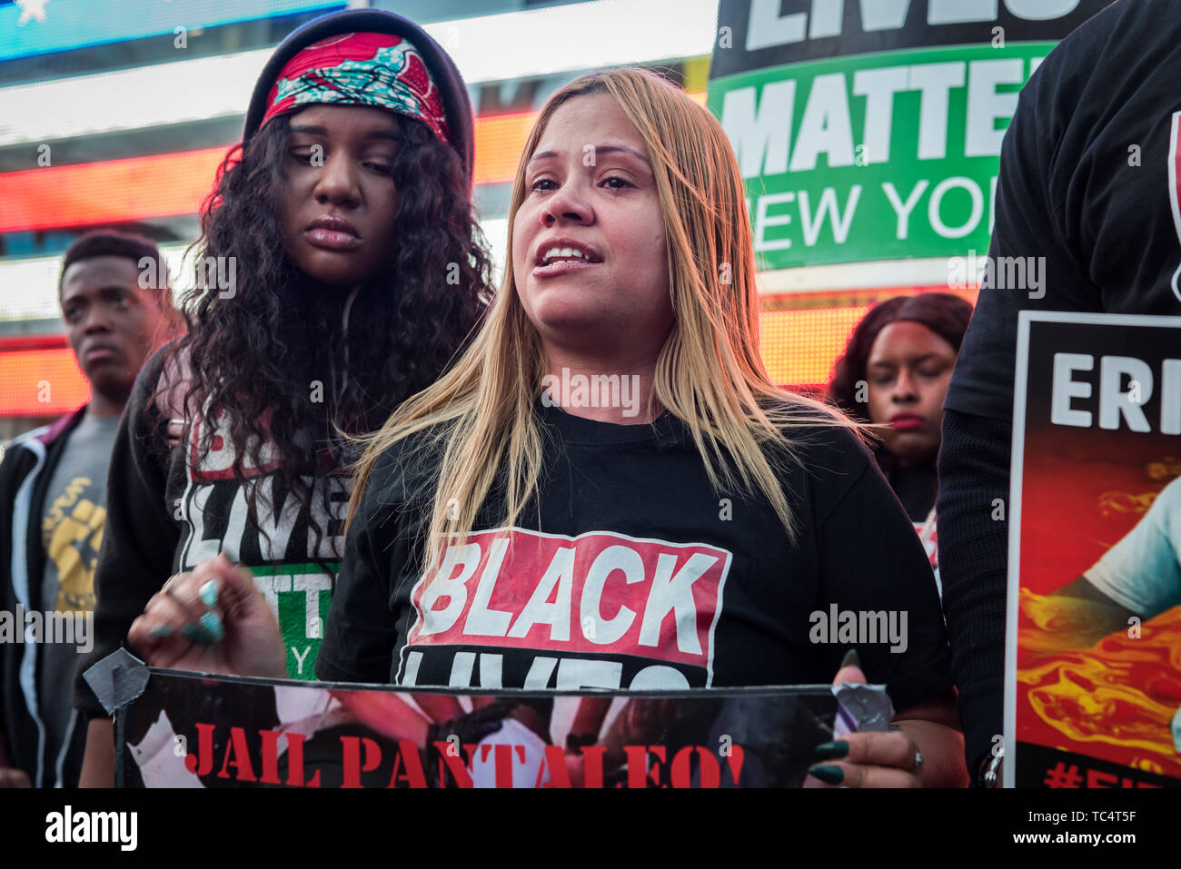 Angelique Negroni-Kearse, wife of Andrew Kearse, who died in police custody after he was chocked by police in 2017. - On June 4, 2019, protesters rallied in Times Square in New York City demanding the firing of Officer Pantaleo for the choking death of Eric Garner in 2014. Daniel Pantaleo is currently standing administrative trial which began on May 13. On May 21, the judge overseeing his case delayed the remainder of the hearing until June 5, 2019. Pantaleo has been on desk duty since Eric Garner's death and could face penalties ranging from loss of vacation days to firing from the NYPD. Stock Photo