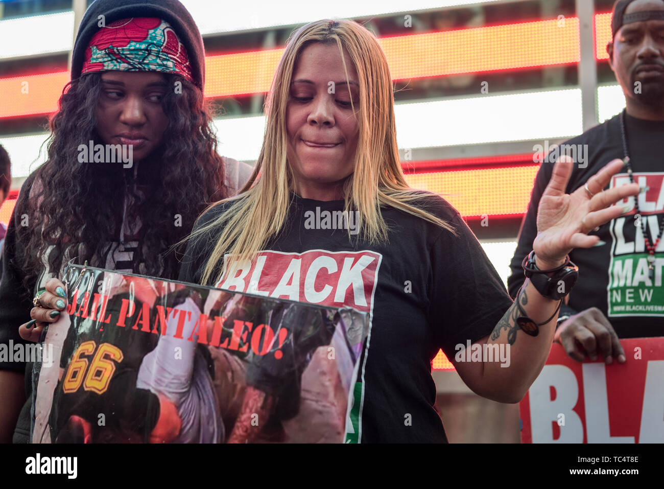 Angelique Negroni-Kearse, wife of Andrew Kearse, who died in police custody after he was chocked by police in 2017. - On June 4, 2019, protesters rallied in Times Square in New York City demanding the firing of Officer Pantaleo for the choking death of Eric Garner in 2014. Daniel Pantaleo is currently standing administrative trial which began on May 13. On May 21, the judge overseeing his case delayed the remainder of the hearing until June 5, 2019. Pantaleo has been on desk duty since Eric Garner's death and could face penalties ranging from loss of vacation days to firing from the NYPD. Stock Photo