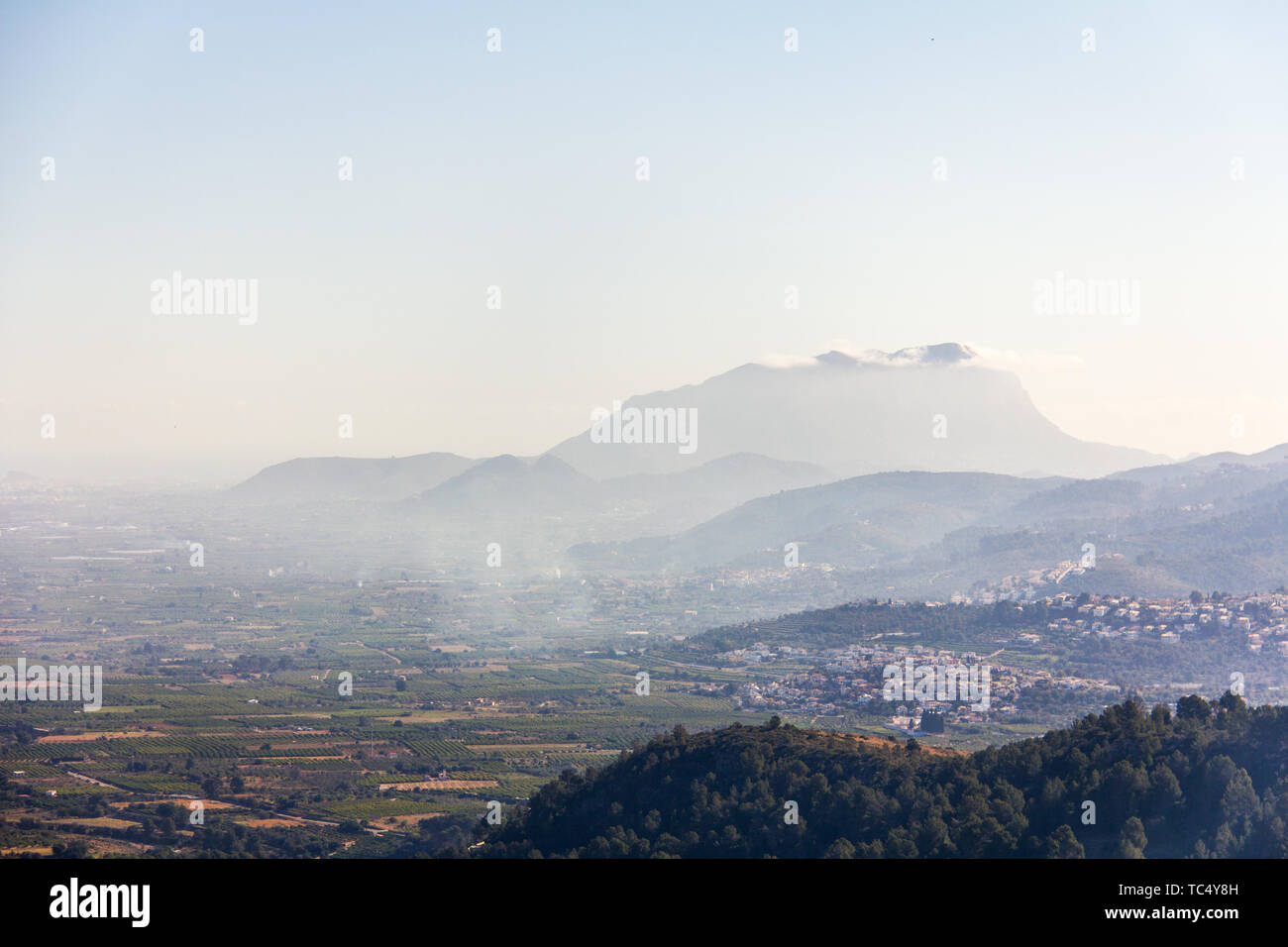 Panoramic view of Montgó mountain and Rectoria Valley in Marina Alta, Alicante, Spain. View from Vall de Laguar town. Stock Photo