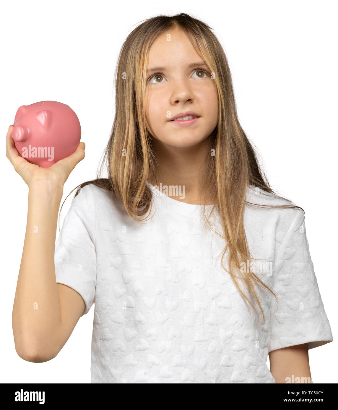 Smiling happy little girl with piggy bank Stock Photo - Alamy