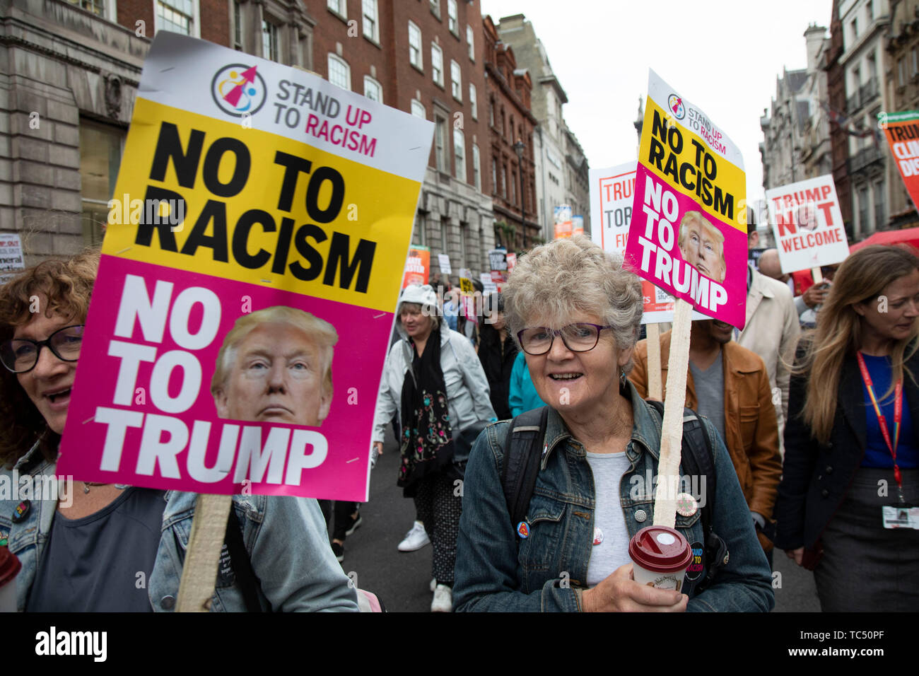 Protests against the state visit of US President Donald Trump on 4th June 2019 in London, United Kingdom. Organisers Together Against Trump which is a collaboration between the Stop Trump Coalition and Stand Up To Trump, have organised a carnival of resistance, a national demonstration to protest against President Trump’s policies and politics during his official UK visit. Stock Photo