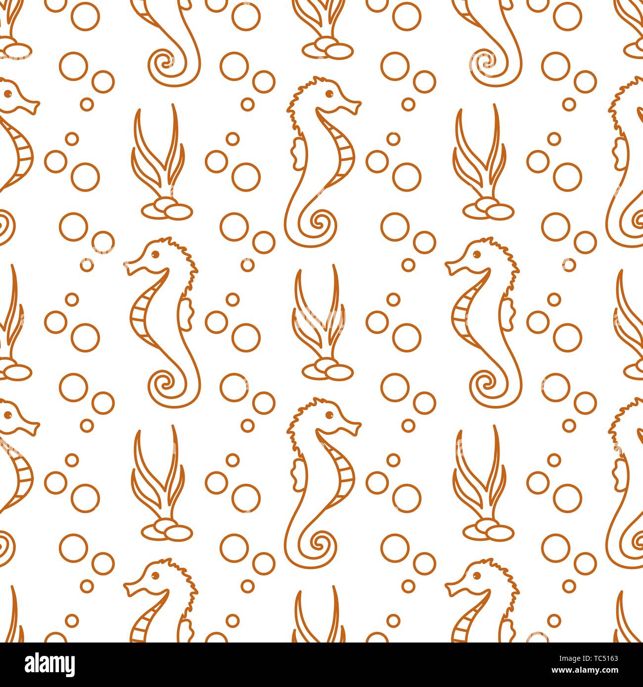 Vector seamless pattern with sea horses, underwater plants and bubbles ...
