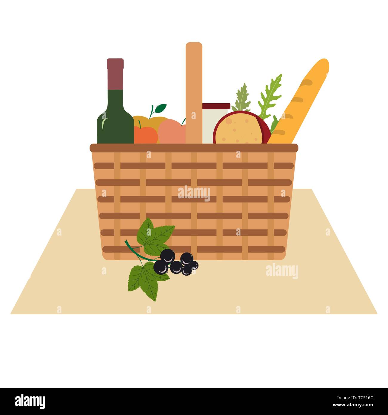 Vector illustration with wicker picnic basket with food and drink ...