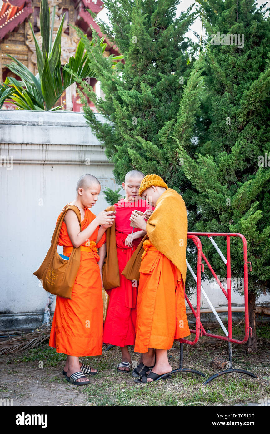 Wat Phra Singh Woramahavikarn Buddhist Temple.Three young Thai monks look at their mobile phones outside a temple in Chiang May, Thailand. Stock Photo
