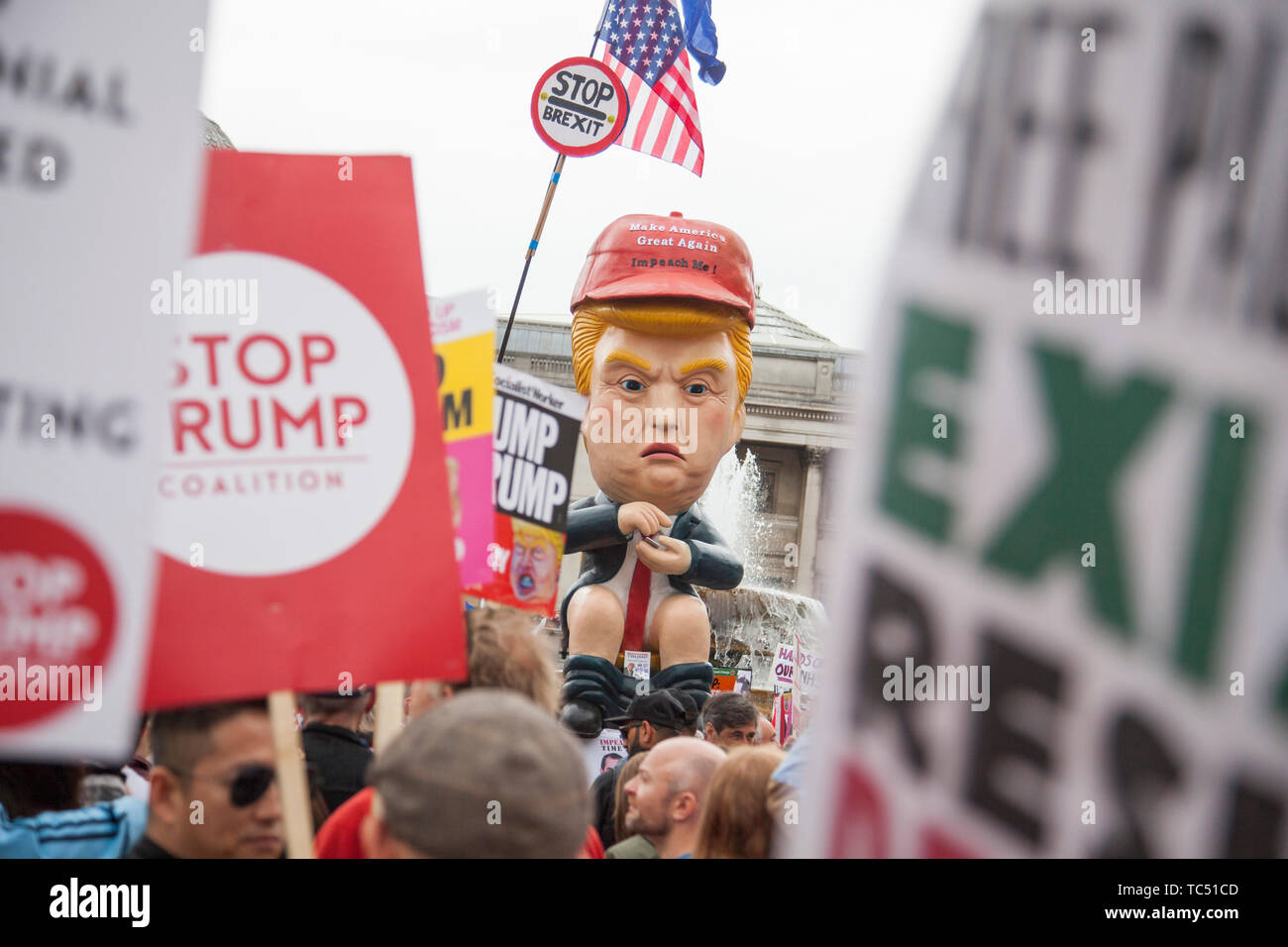 LONDON, UK - June 4th, 2019: A political satire sculpture of Donald Trump made at an anti Trump March in London Stock Photo