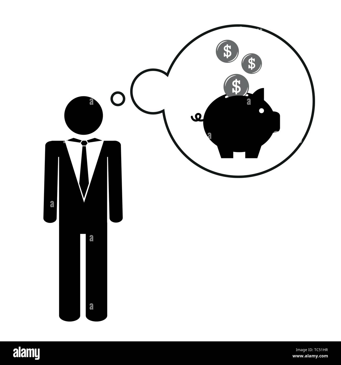 business man think about saving money piggy bank pictogram vector illustration EPS10 Stock Vector
