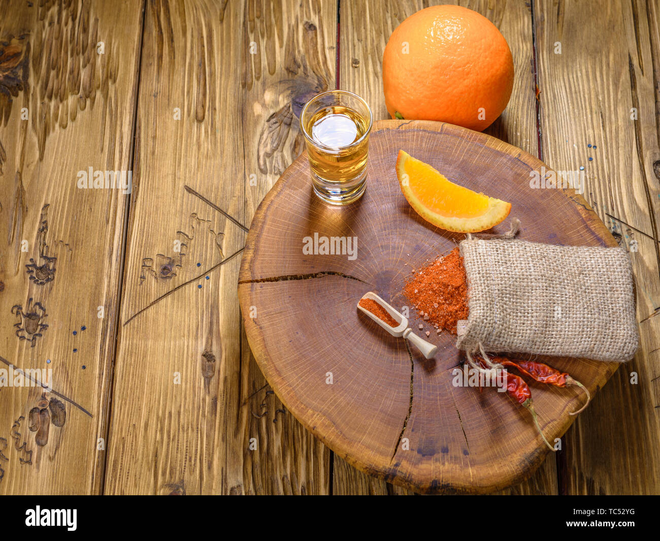 Mezcal mexican drink with orange, lime slices and worm salt in oaxaca ...