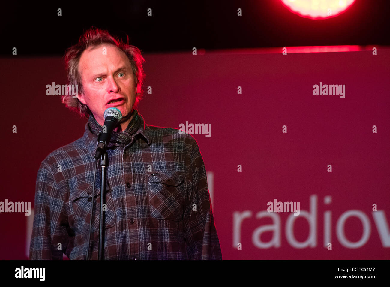 Simon Munnery , stand up  comedian, on stage at the  Machynlleth Comedy Festival  , May Bank Holiday Weekend, 2019 Stock Photo
