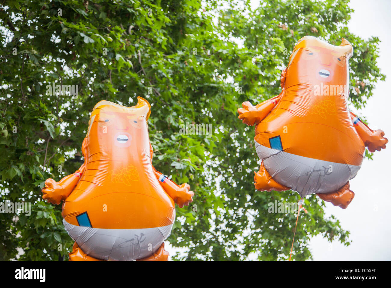 LONDON, UK - June 4th, 2019: Baby Donald Trump helium balloons during an Anti Trump rally in Central London Stock Photo