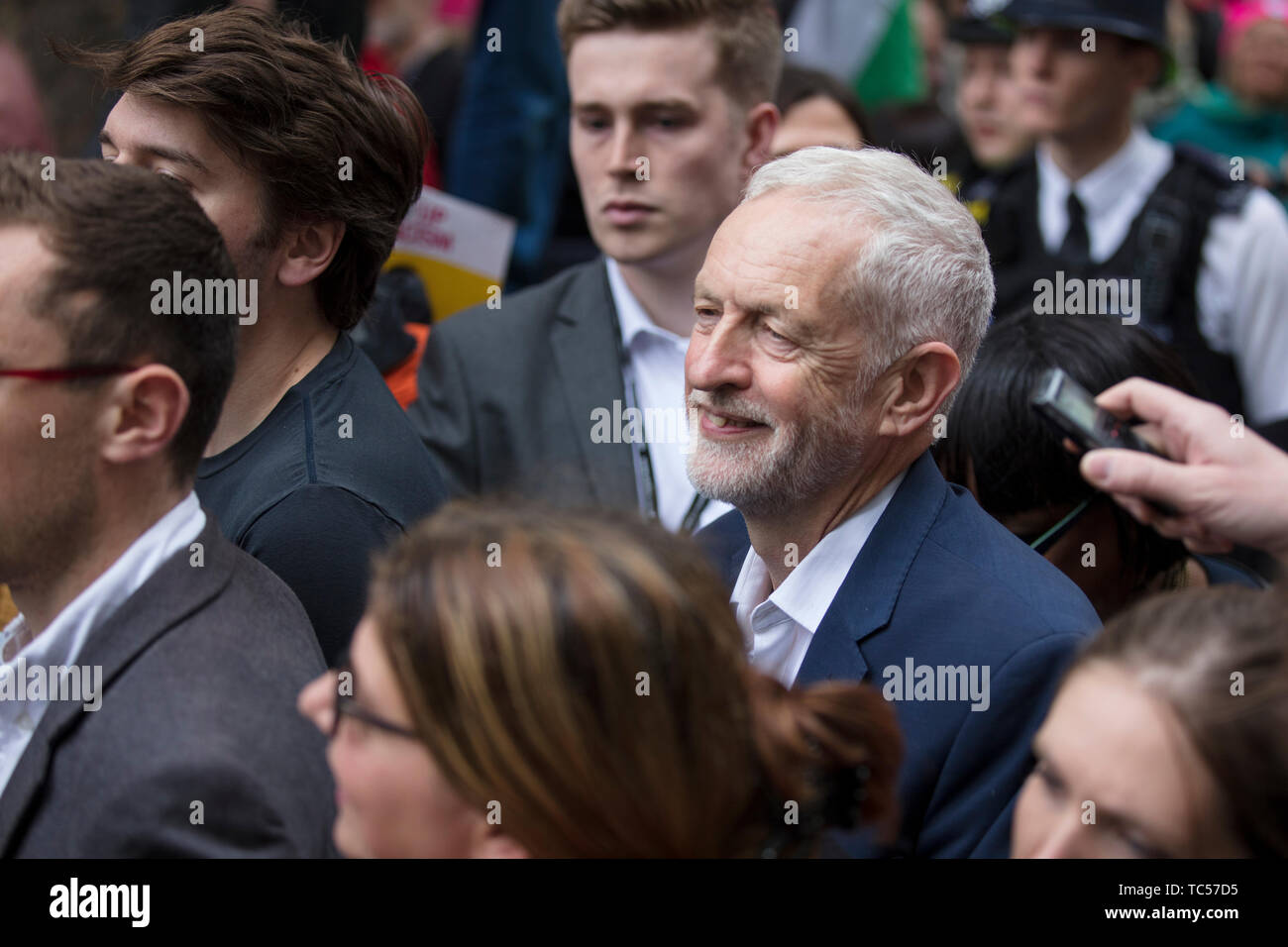 LONDON, UK - June 4th 2019: Jeremy Corbyn the leader of the Labour political party surrounded by people at a political protest Stock Photo