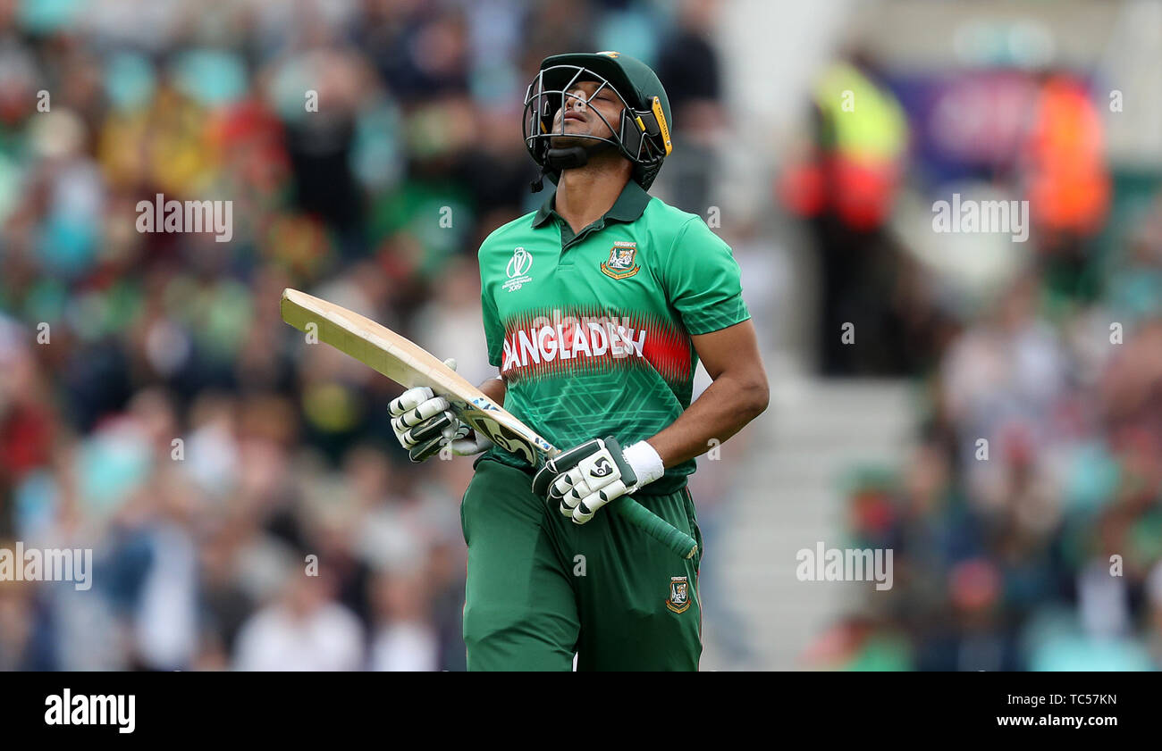 Bangladesh's Shakib Al Hasan walks off after being dismissed during the ICC cricket World Cup group stage match at The Oval, London. Stock Photo