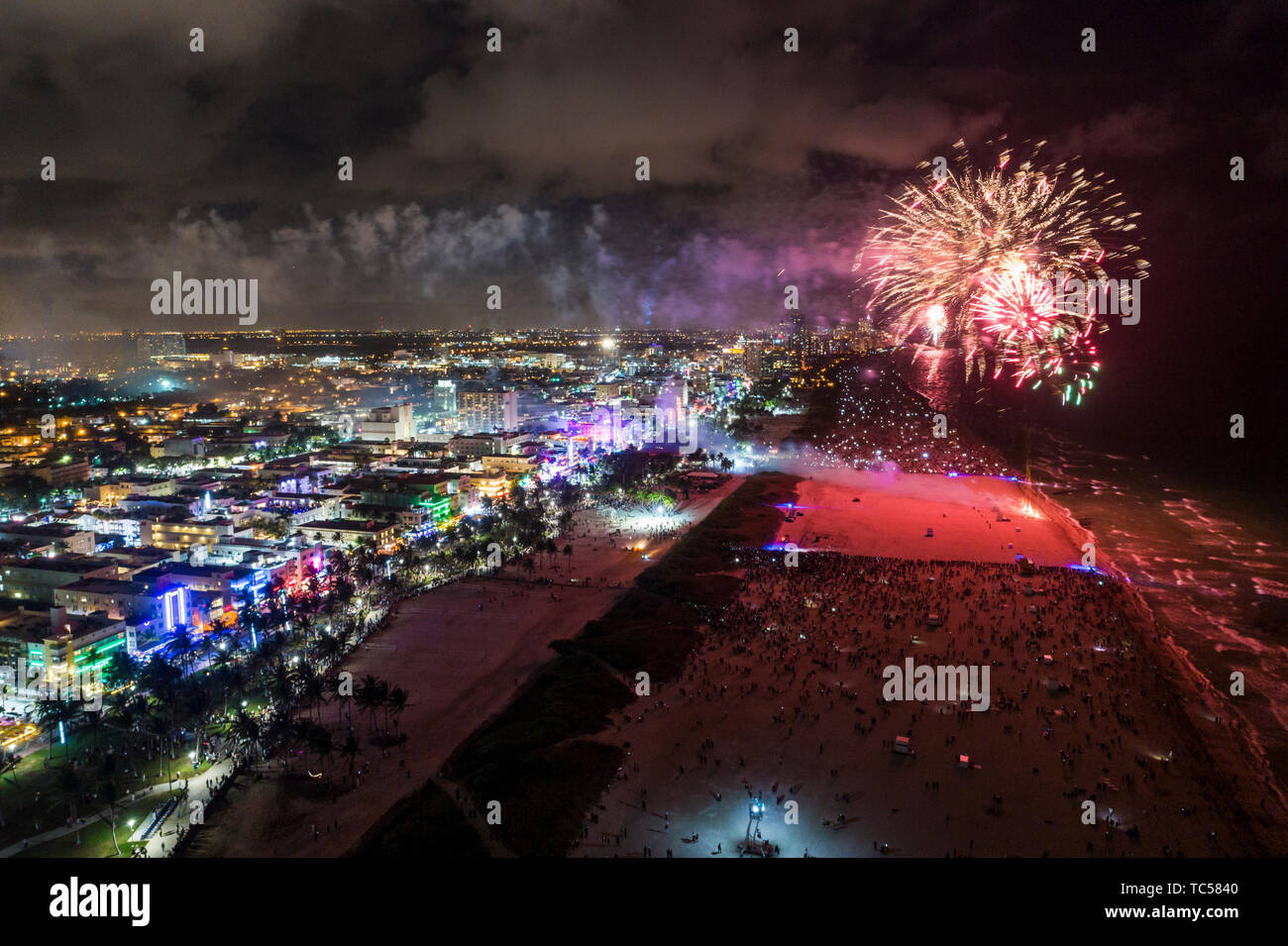 Miami Beach Florida,New Year’s Eve fireworks display celebration,aerial overhead view from above,FL190101d04 Stock Photo