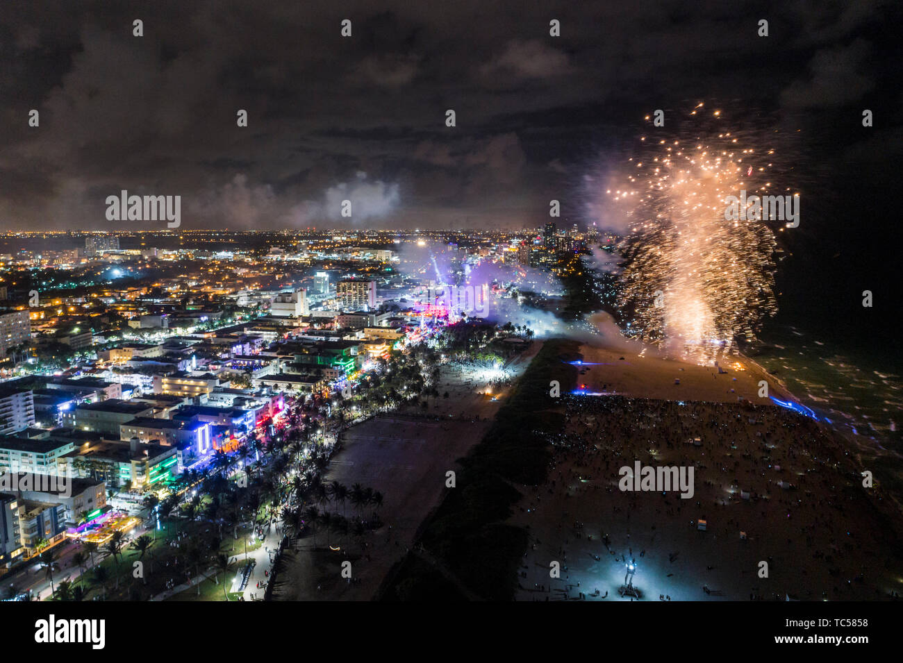 Miami Beach Florida,New Year’s Eve fireworks display celebration,aerial overhead view above bird's eye,visitors travel traveling tour tourist tourism Stock Photo