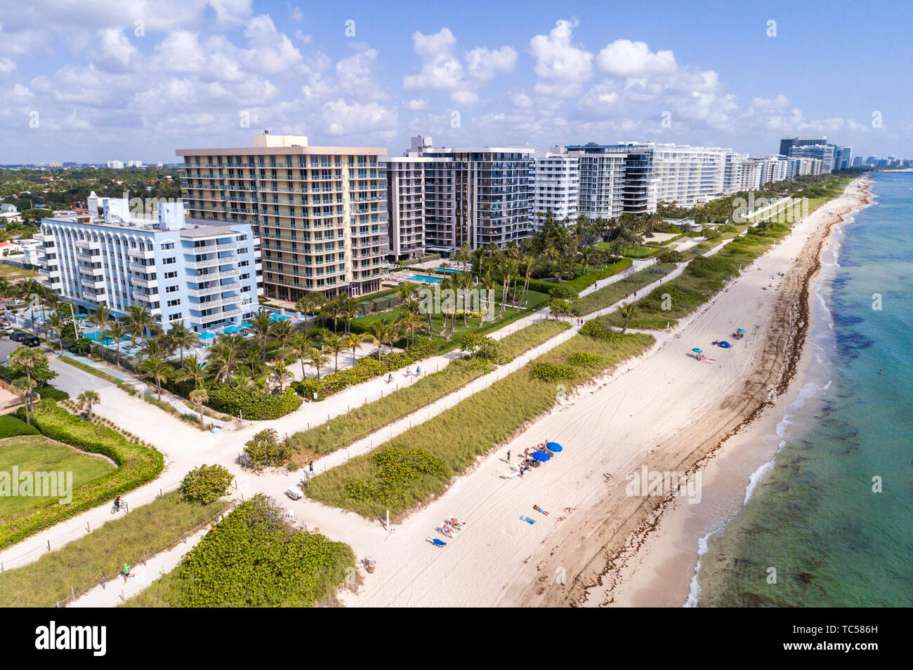 Miami Florida,Surfside oceanfront condominium condominiums,residential buildings Atlantic Ocean public beach aerial overhead view, Stock Photo