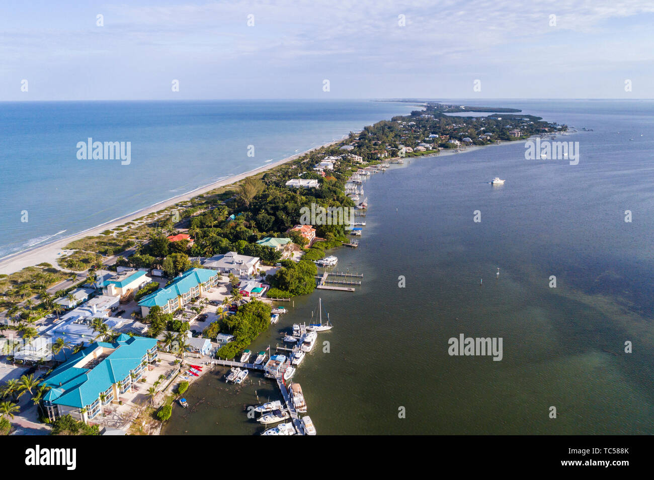 Captiva Island Florida,Pine Island Sound Gulf of Mexico Roosevelt Channel,'Tween Waters Island Resort & Spa,hotel,aerial overhead view,FL190508d05 Stock Photo