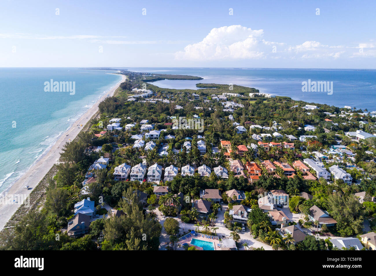 Captiva Island Florida,Pine Island Sound Gulf of Mexico beach,Chadwick Bayou,homes,aerial overhead view,FL190508d19 Stock Photo