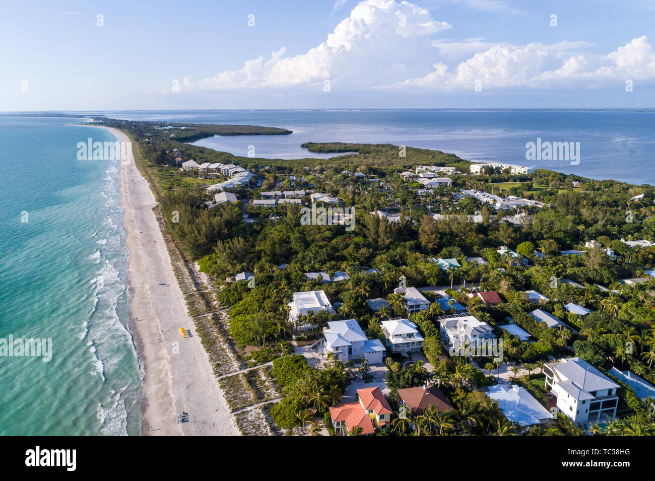 Captiva Island Florida,Pine Island Sound Gulf of Mexico beach,Chadwick Bayou,homes,aerial overhead view,FL190508d22 Stock Photo