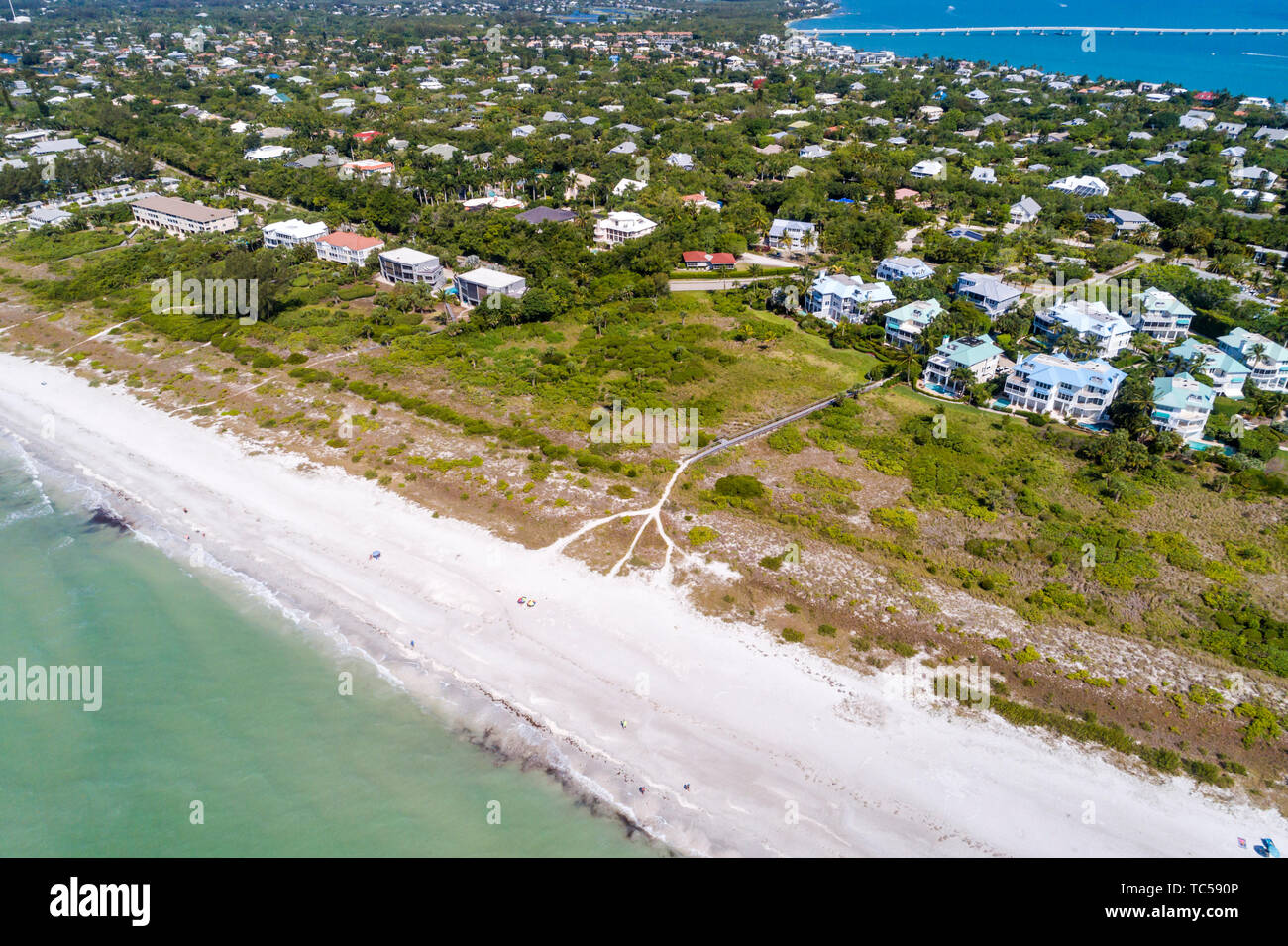 Sanibel Island Florida,Gulf of Mexico beach beaches,East Gulf Drive homes,Colony Beach Estates,Kinzie,Sanibel Causeway Bridge,aerial overhead bird's e Stock Photo