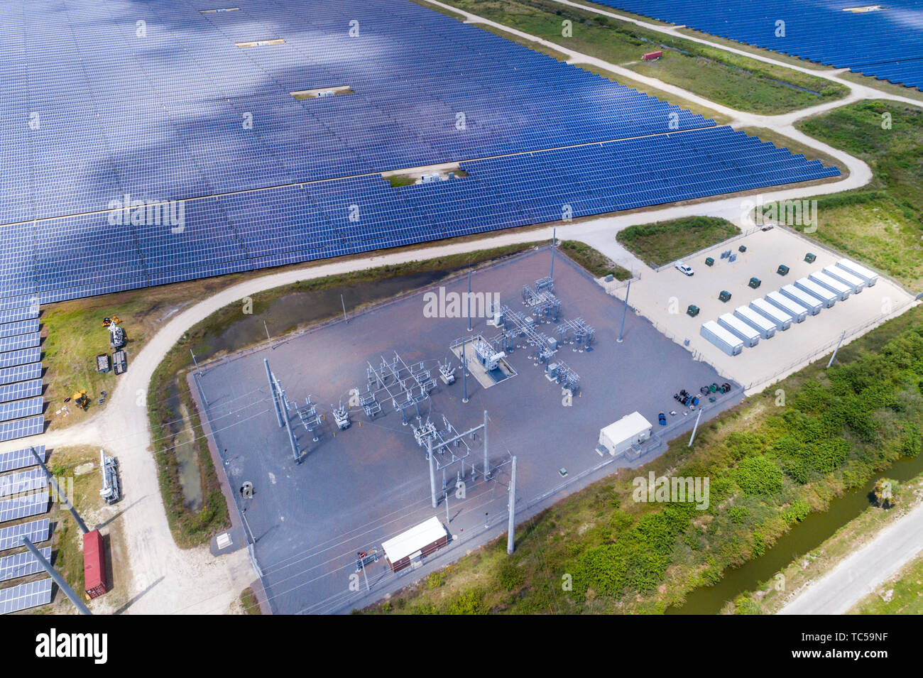Florida Babcock Ranch,large photovoltaic power station solar panel park farm,aerial overhead view, Stock Photo