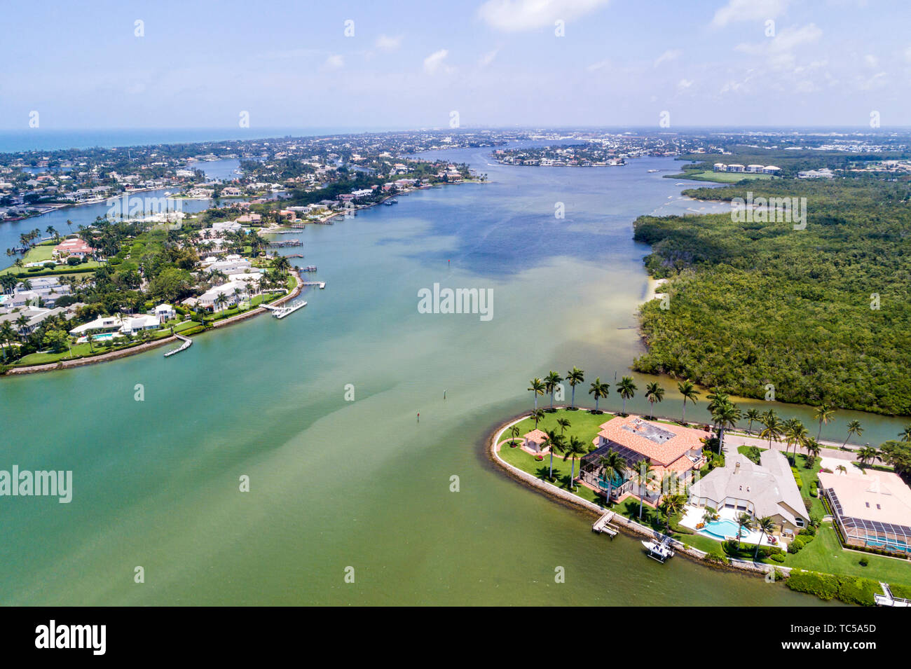 Naples Florida,Port Royal,Gordon River Pass Gulf of Mexico,estates mansions homes,aerial overhead view,FL190514d61 Stock Photo