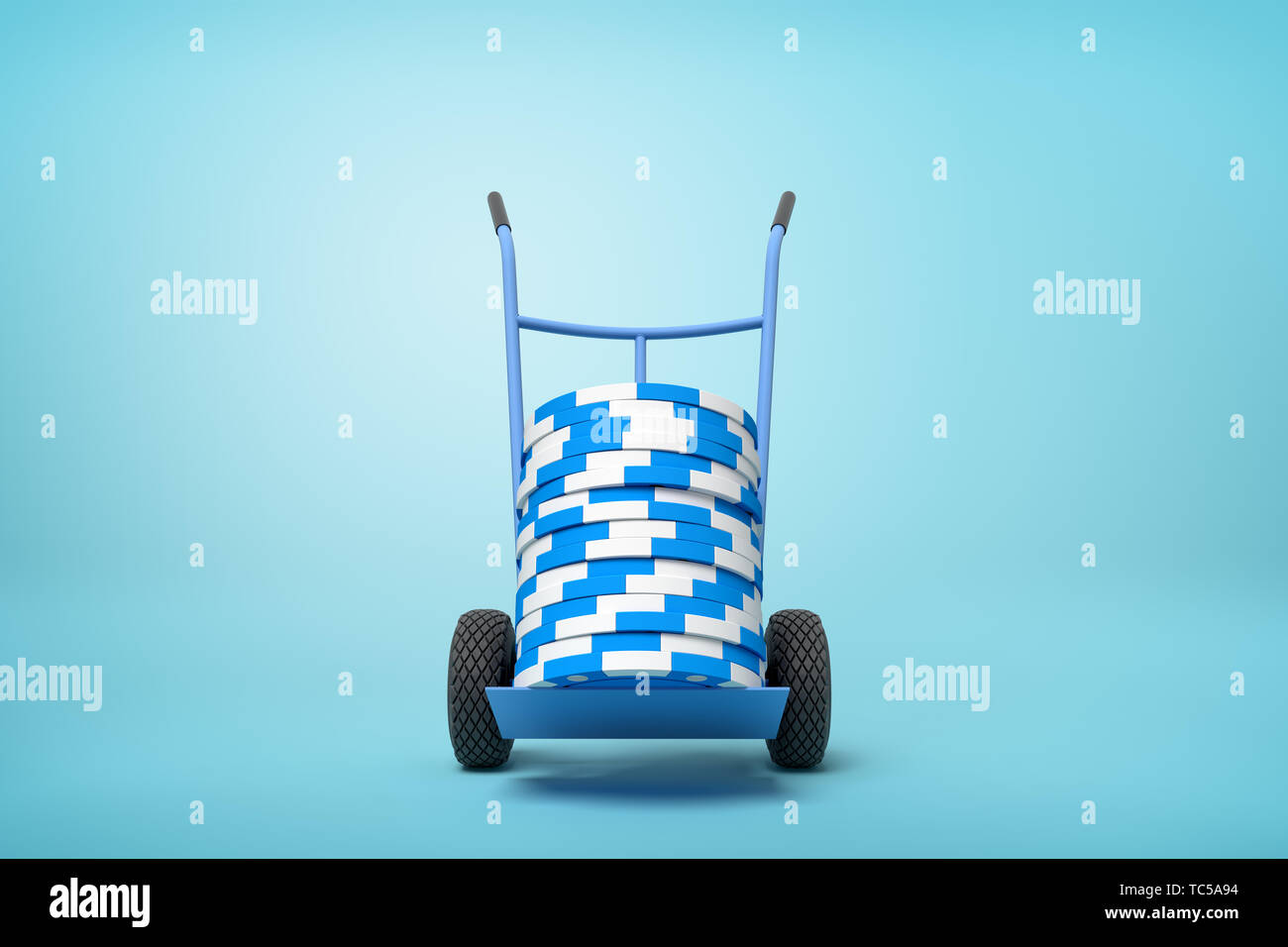 3d rendering of stack of blue and white poker chips on blue hand truck on light-blue background with copy space. Stock Photo