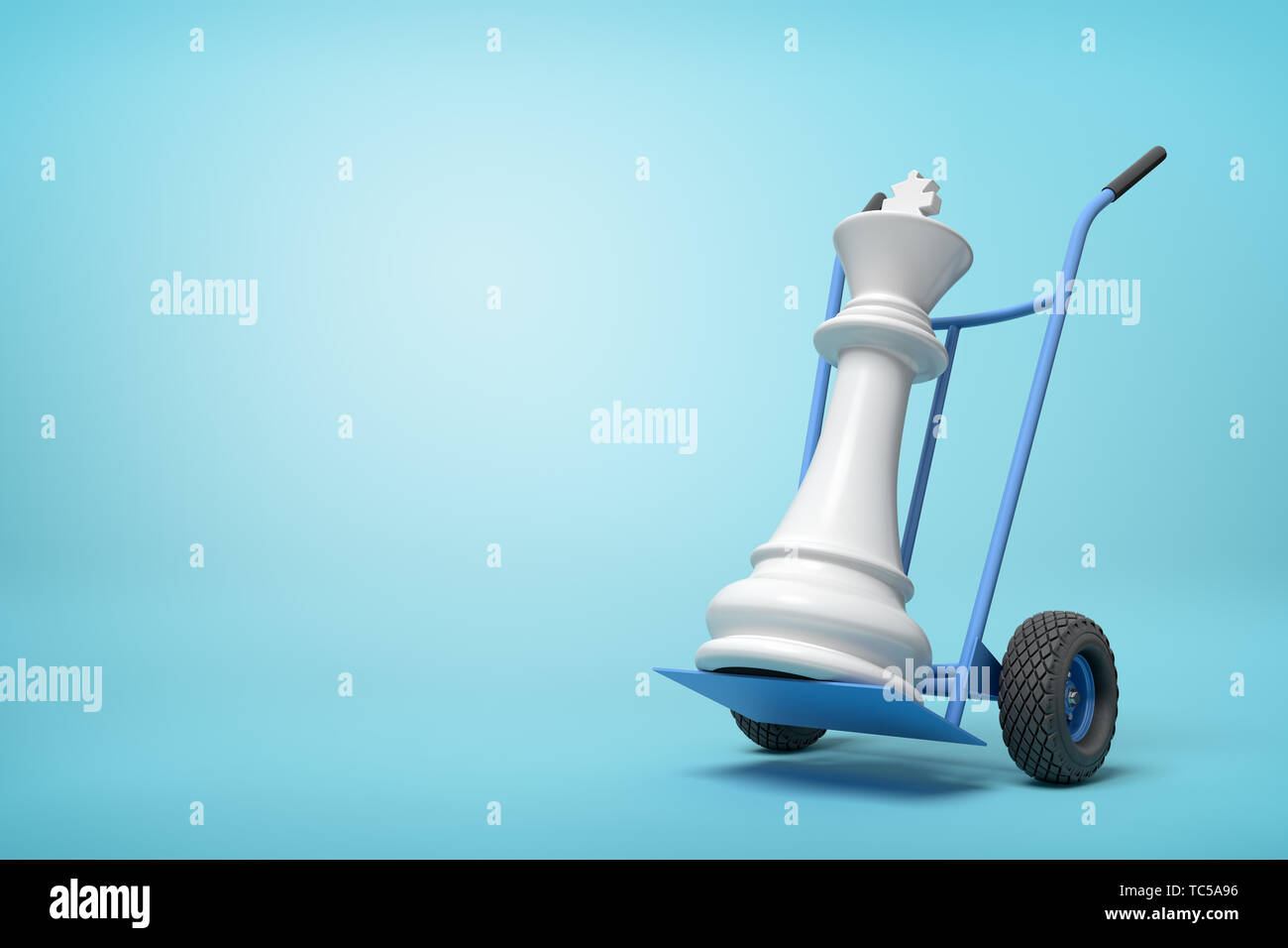 3d close-up rendering of white chess king on blue hand truck on light-blue background. Stock Photo
