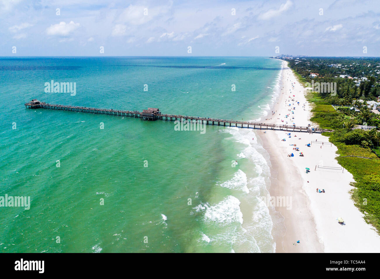 Naples Florida,Gulf of Mexico historic Pier public beach,aerial overhead view,FL190514d71 Stock Photo