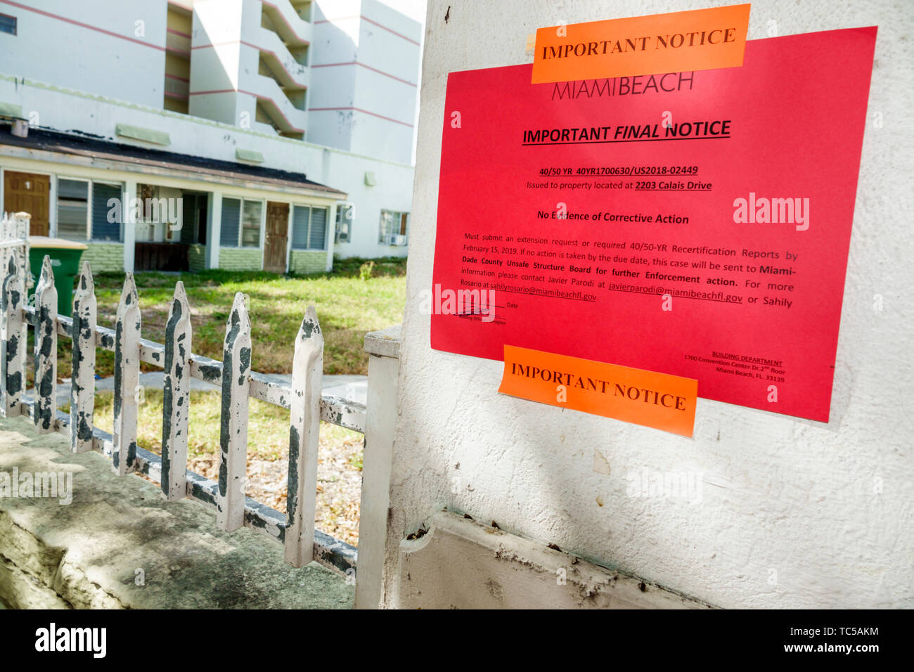 Miami Beach Florida,city final notice code compliance unsafe structure,building department,FL190228018 Stock Photo