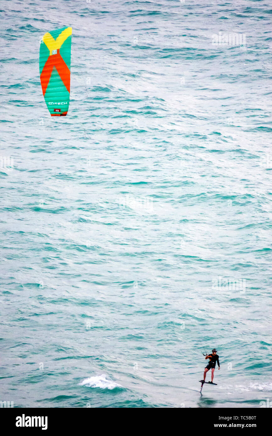Miami Beach Florida,Atlantic Ocean,kiteboarding kiteboarder kitesurfing kitesurfer,watersports,man men male,waves,water,FL190228037 Stock Photo