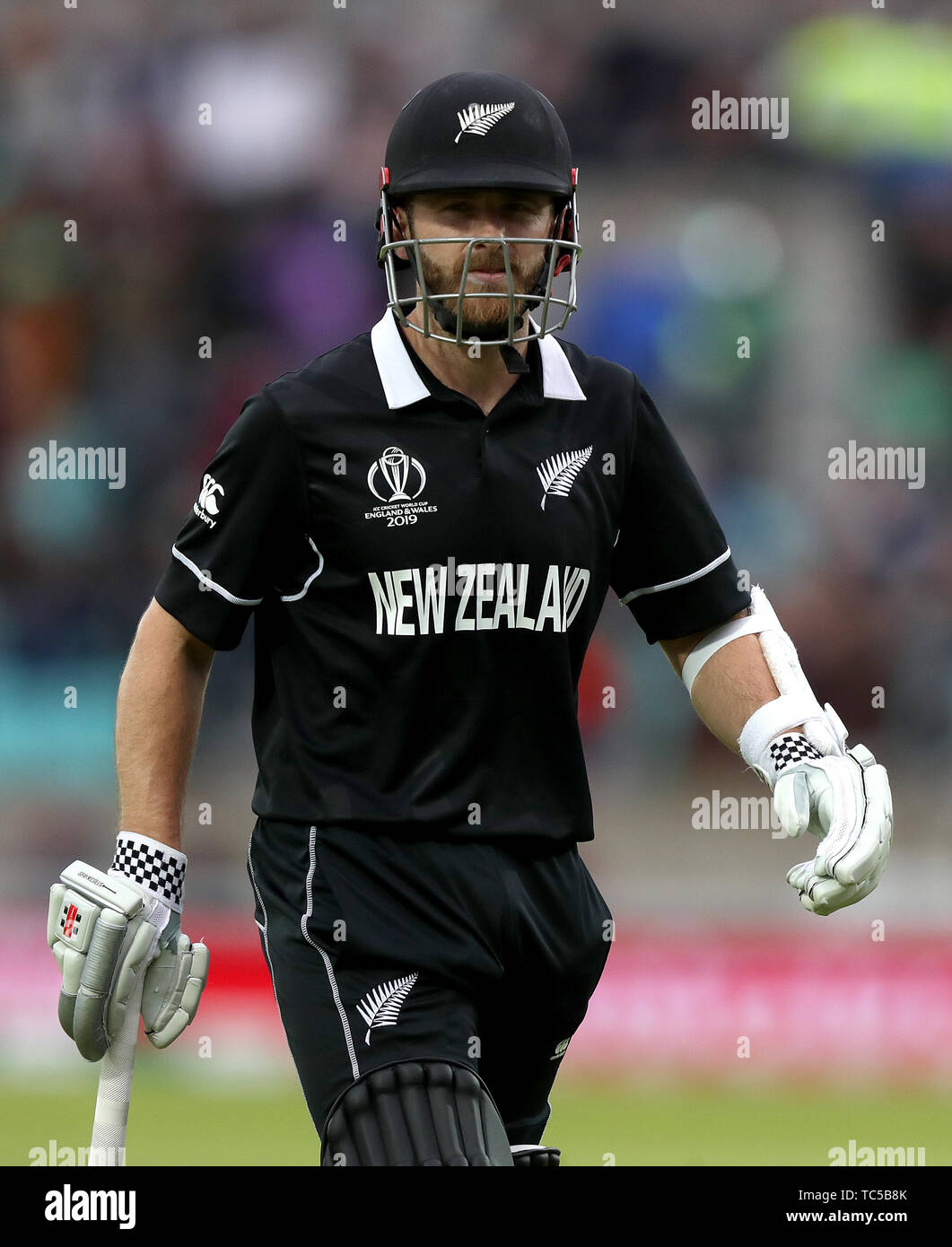 New Zealand's Kane Williamson walks off after being dismissed during the ICC Cricket World Cup group stage match at The Oval, London. Stock Photo