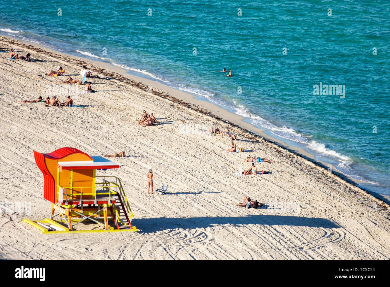 Miami Beach Florida,North Beach,North Shore Open Space Park,public beach sand,lifeguard station tower,Atlantic Ocean,sunbathers,FL190228100 Stock Photo