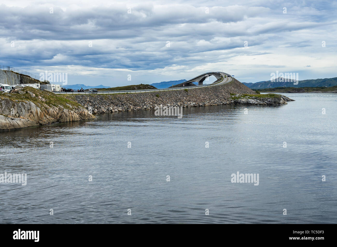 Atlantic Road with the famous Storseisundet Bridge popular site to film automotive commercials, More og Romsdal, Norway Stock Photo