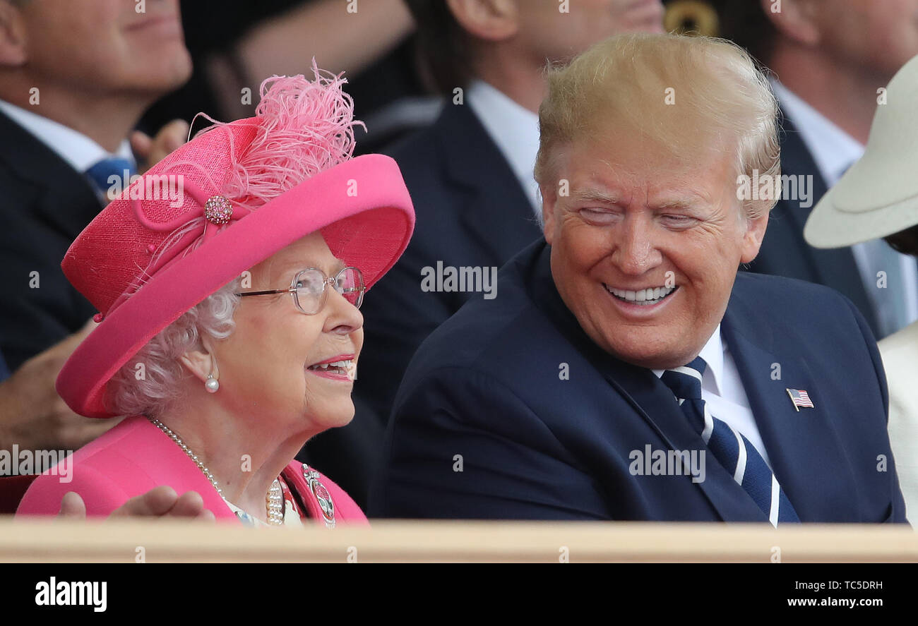 Queen Elizabeth II and US President Donald Trump during the commemorations for the 75th Anniversary of the D-Day landings at Southsea Common in Portsmouth. Stock Photo