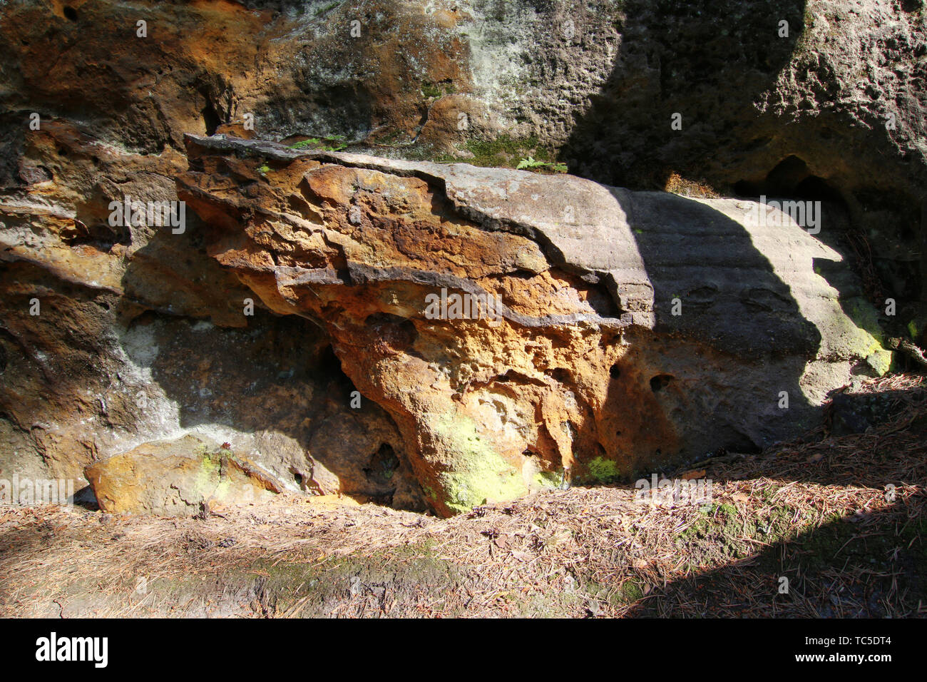 Bizarre geological formation - iron log in sandstone rocks - bog iron ore incrustation Stock Photo