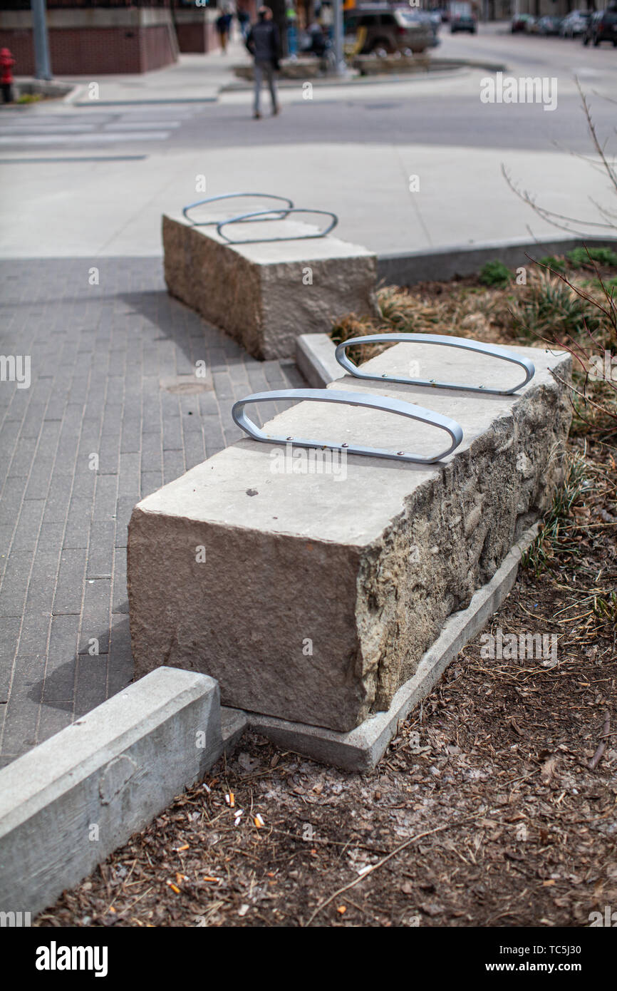 Subtly hostile benches in a public area. Stock Photo