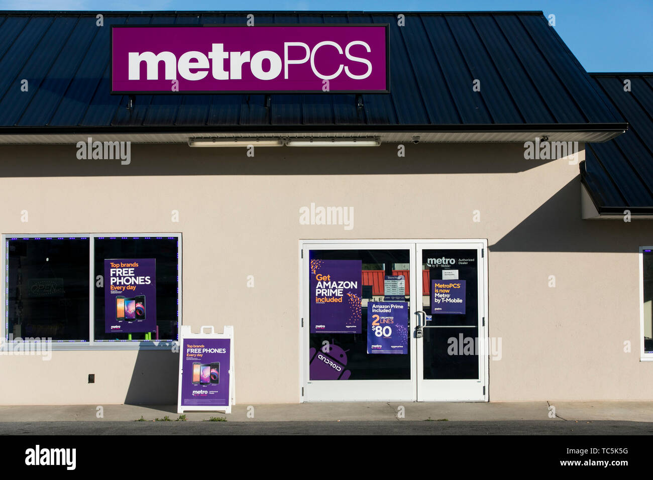 A logo sign outside of a MetroPCS Communications retail store location in Martinsburg, West Virginia on June 4, 2019. Stock Photo