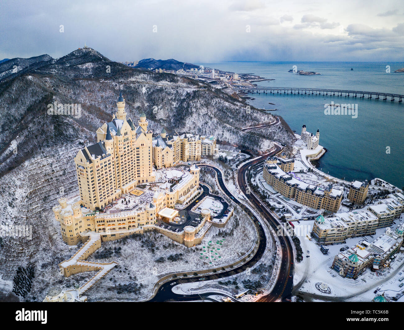 Aerial shooting ice and snow Dalian Castle Hotel Stock Photo
